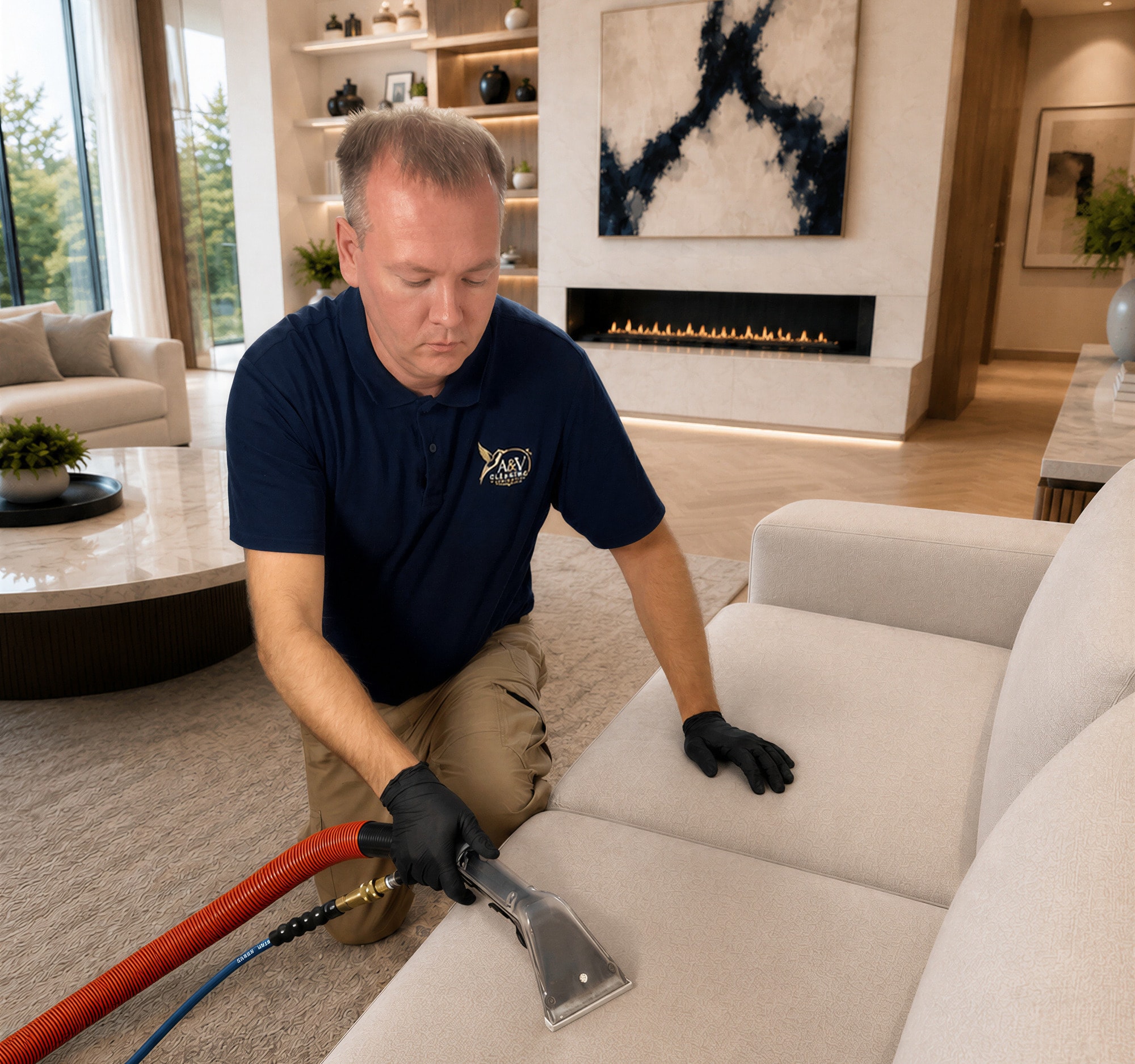 Technician performing professional upholstery cleaning on a sofa in Jacksonville, FL